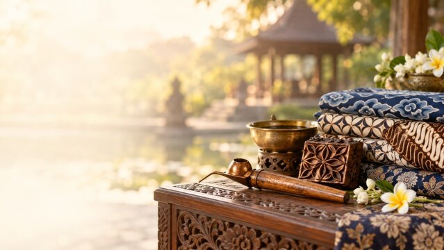 National Batik Day concept featuring traditional Indonesian batik tulis and cap textile, canting tools, and white orchids with a tropical resort ocean view.