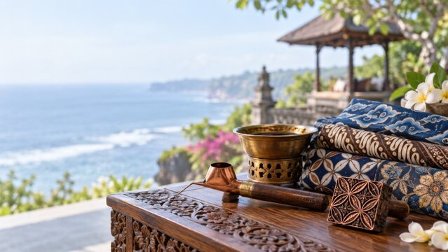 National Batik Day concept featuring traditional Indonesian batik tulis and cap textile, canting tools, and white orchids with a tropical resort ocean view.