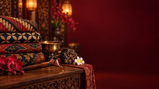 National Batik Day concept featuring traditional Indonesian batik tulis and cap textile, canting tools, and white orchids with a tropical resort ocean view.