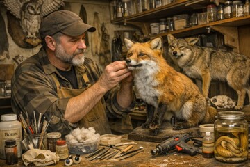 Fototapeta premium A person handling a plush toy fox, possibly for taxidermy or display