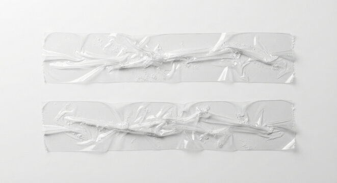 Two clear wrinkled adhesive cellophane tape strips on a transparent background
