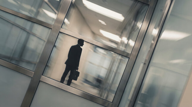 Anonymous businessman reflected in glass walking through modern office hallway