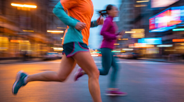 Athletic runners sprinting through illuminated city street during evening workout