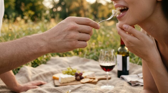 Couple Sharing Cheese and Grapes While Enjoying Red Wine on a Picnic Blanket in a Sunlit Natural Setting