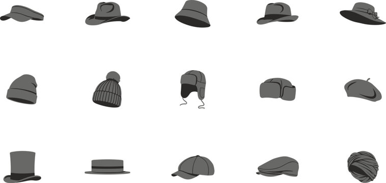 Comprehensive collection of seasonal headwear and classic hat vector solid glyph icons set featuring beanies fedoras caps and winter berets