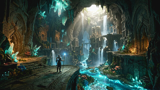 Explorer standing in a glowing crystal cavern with waterfalls and ancient stone architecture