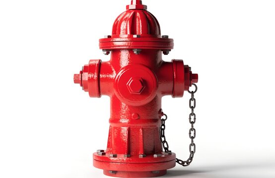 Bright red fire hydrant with metal chain isolated on white background
