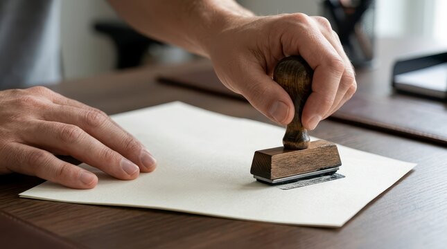 Hand Using Vintage Stamp to Seal Contract Document on Wooden Desk in Business Office Environment