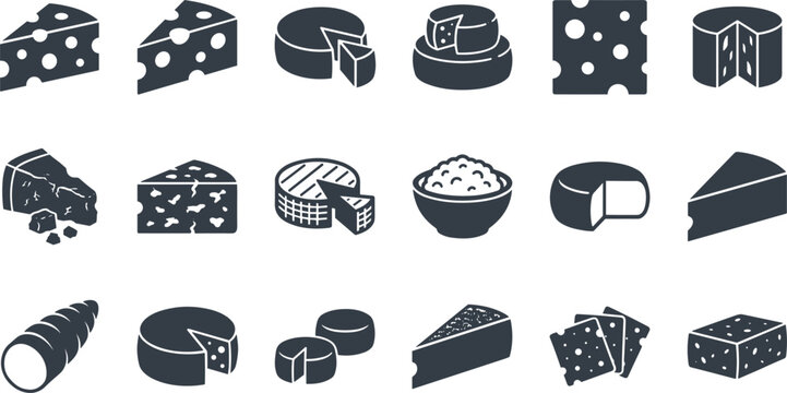 Delicious assortment of gourmet dairy products vector solid glyph icons set featuring cheese wheels wedges slices and curds for menu design