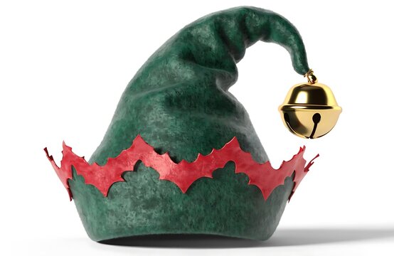 Green felt christmas elf hat with red jagged brim and gold jingle bell