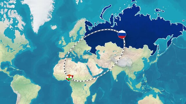 Russia and Niger Bilateral Relationship Map Animation Footage