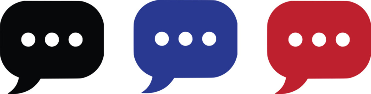 Comment Button Icon with Speech Bubble and Three Dots, Social Media Comment Symbol, Black and White Vector Silhouette