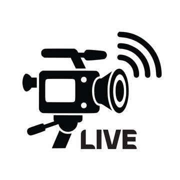 Live Streaming Video Camera Icon, Live Broadcast and Online Streaming Symbol, Black and White Vector Silhouette