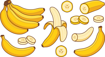 Fresh yellow banana bunch peeled single and sliced banana vector illustration © Jarin