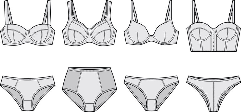 Women lingerie bra and panty technical fashion flat sketch vector illustration set