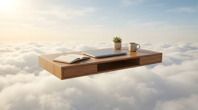 Wooden desk floating high in the sky above white clouds with laptop, book, and coffee mug, conceptual remote work or dream office background