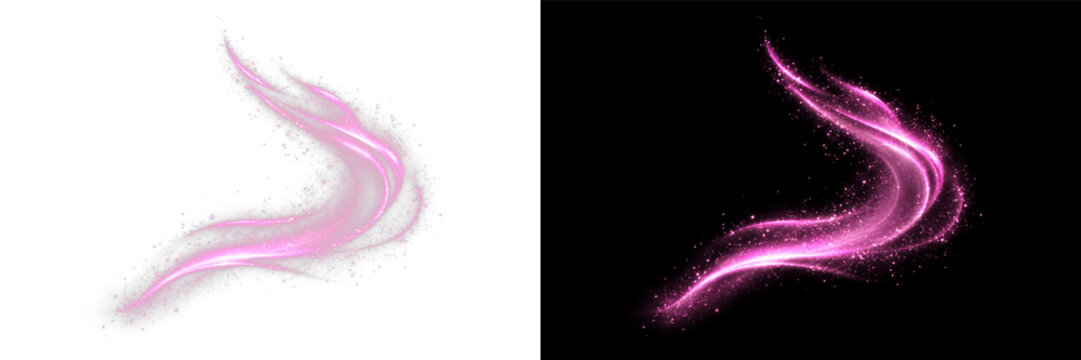 Magenta glow PNG overlay with swirling luminous light streaks, particles and flowing curved trail, on transparent background