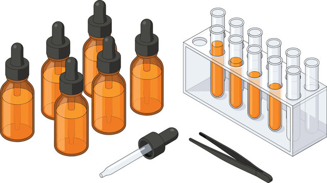 Laboratory test tubes in rack, amber glass dropper bottles, pipette, and tweezers isometric vector