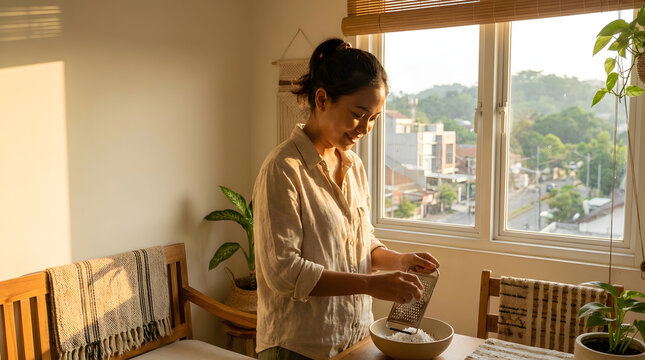Young Asian woman reading a book indoors while relaxing in a cozy armchair under warm lamp light at night