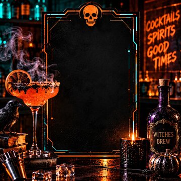 Blackboard menu frame with spooky cocktail and witch potion bottle in dim bar light for halloween
