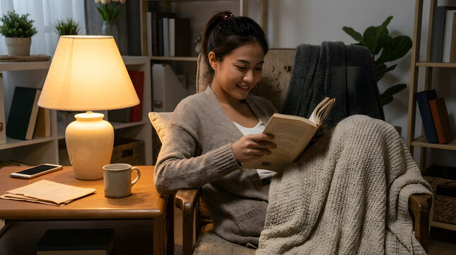 Young woman relaxing in a cozy armchair and reading a book under warm lamp light in her living room at night