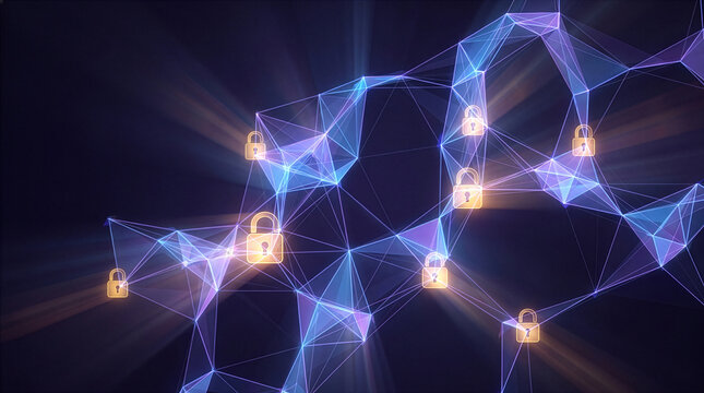 Abstract digital network visualization featuring glowing data nodes and security padlocks representing encrypted cloud computing infrastructure connectivity