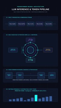 abstract technology diagram with data flow and charts, ai inference pipeline, digital network elements