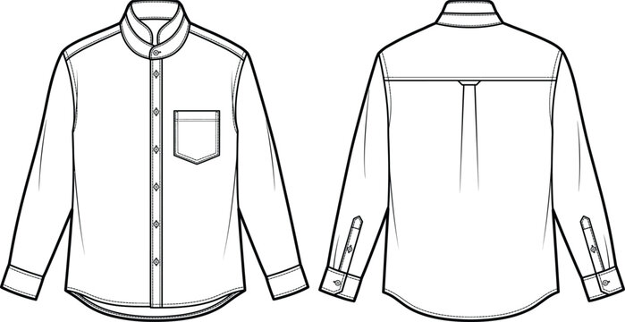 Men mandarin collar long sleeve shirt technical fashion flat sketch template front back view, vector illustration
