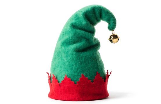 Green felt elf hat with red trim and a gold jingle bell christmas hat dress