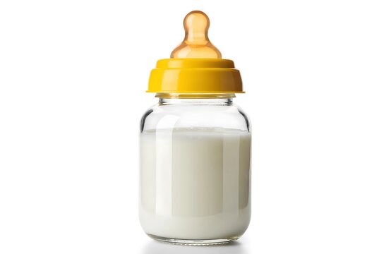 Baby bottle filled with milk featuring yellow cap and nipple on white background