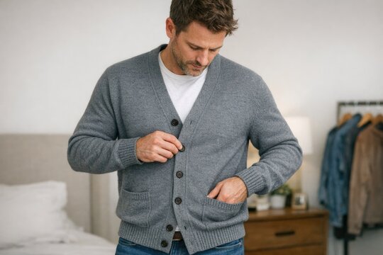 A man adjusts the button on his gray cardigan, looking down at his task