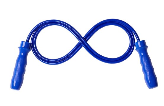 Blue jump rope laid out in an infinity shape on a white background with training