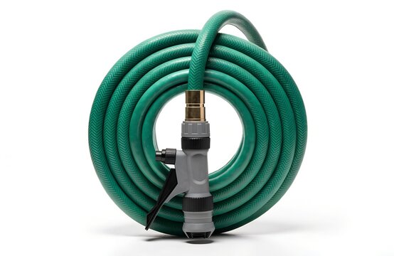 Coiled green rubber garden hose with adjustable spray nozzle