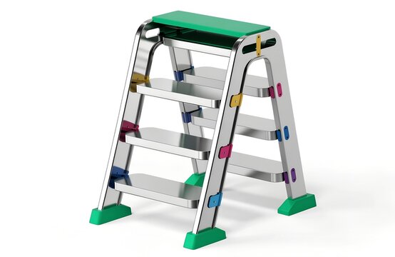 Small aluminum folding step ladder with green anti-slip treads and feet
