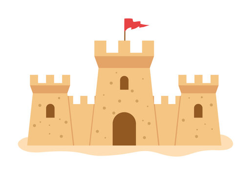 Sand castle with red flag palace gate towers architecture beach summer