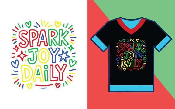 Spark joy daily typography with colorful letters and stars on a black v-neck t-shirt apparel mockup