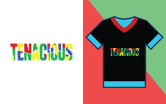 Tenacious distressed typography on a black v-neck t-shirt with blue and red trim, apparel