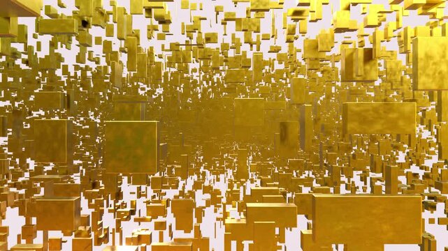 A sci-fi animation in which 600,000 3D cubes, each with random height, width, and depth dimensions, fly through the air in a regular pattern. Each cube is a procedurally rendered geometric object.