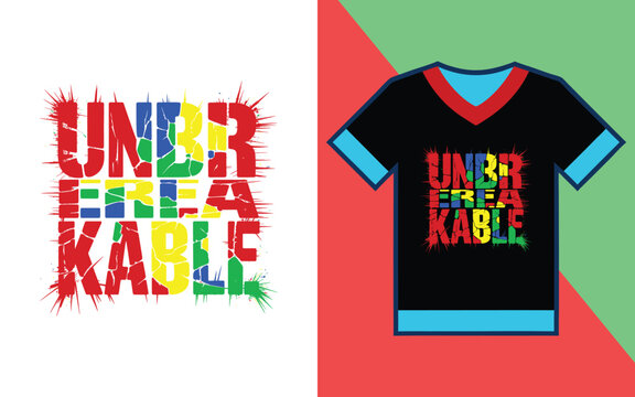 Unbreakable typography print with paint splatter effect on a black v-neck t-shirt featuring multicolored letters