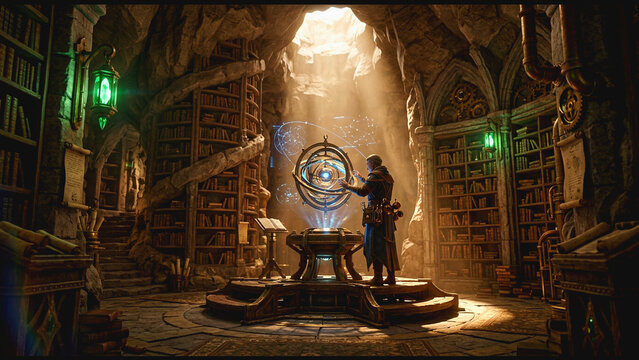 Scholar examining an ancient armillary sphere inside a dimly lit stone library with natural light