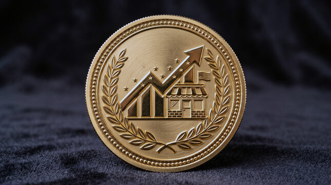 Vintage style gold coin with house and upward arrow illustration