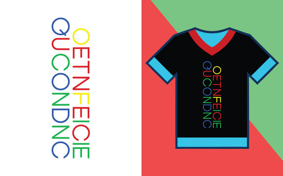 Vertical colorful text featuring the words oetnfeicie qucon dnc displayed on a black t-shirt apparel mockup