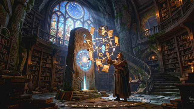 Wizard in robes casting magic spells on a glowing ancient stone monolith inside a gothic library