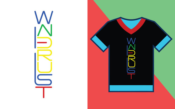 Wanderlust vertical typography quote on a black t-shirt with colorful minimalist lettering style
