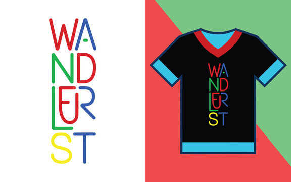 Wanderlust vertical typography quote on a black t-shirt with colorful stacked lettering style