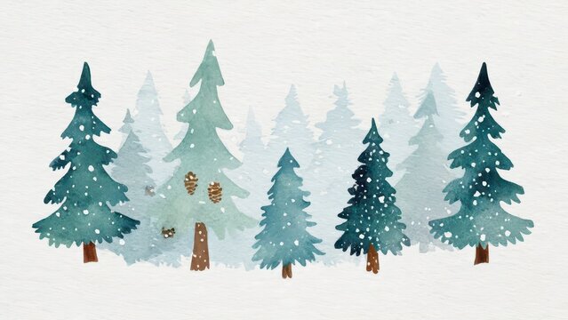 Watercolor Evergreen Forest Landscape with Snow, Festive Winter Trees, Holiday Background, Illustrated Pine Trees, Minimalist Design.