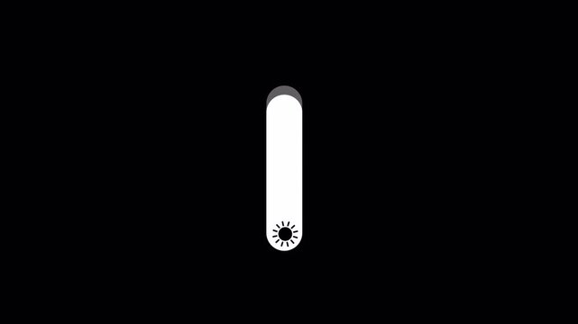 Brightness slider level control animation isolated on black background, slider level adjust 0 to 100, simple brightness contrast icon animated.
