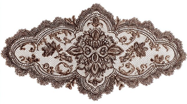 Intricate brown lace applique with floral and ornate patterns.