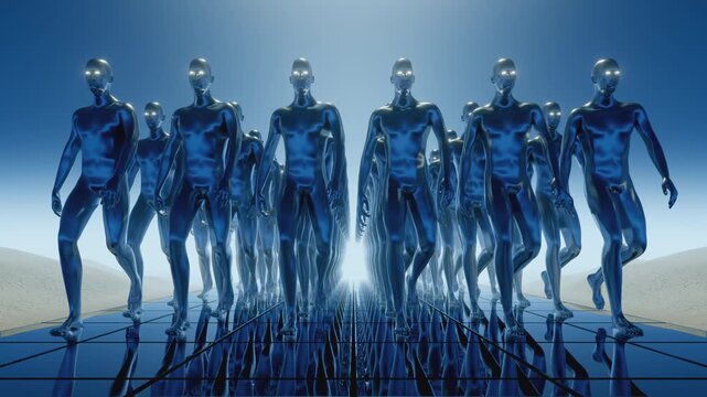 Seamless loop of marching army of metallic humanoid androids with glowing eyes on reflective glass floor. Sci-fi artificial intelligence, clone army, and futuristic technology VJ background.
