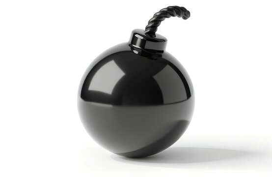 Black spherical bomb with a lit fuse on a white background